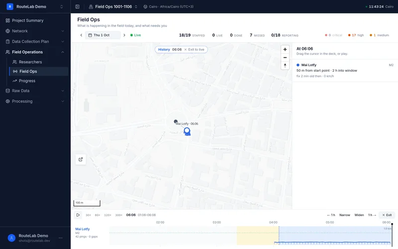 Field Ops investigate mode: a researcher's track played back on the map
