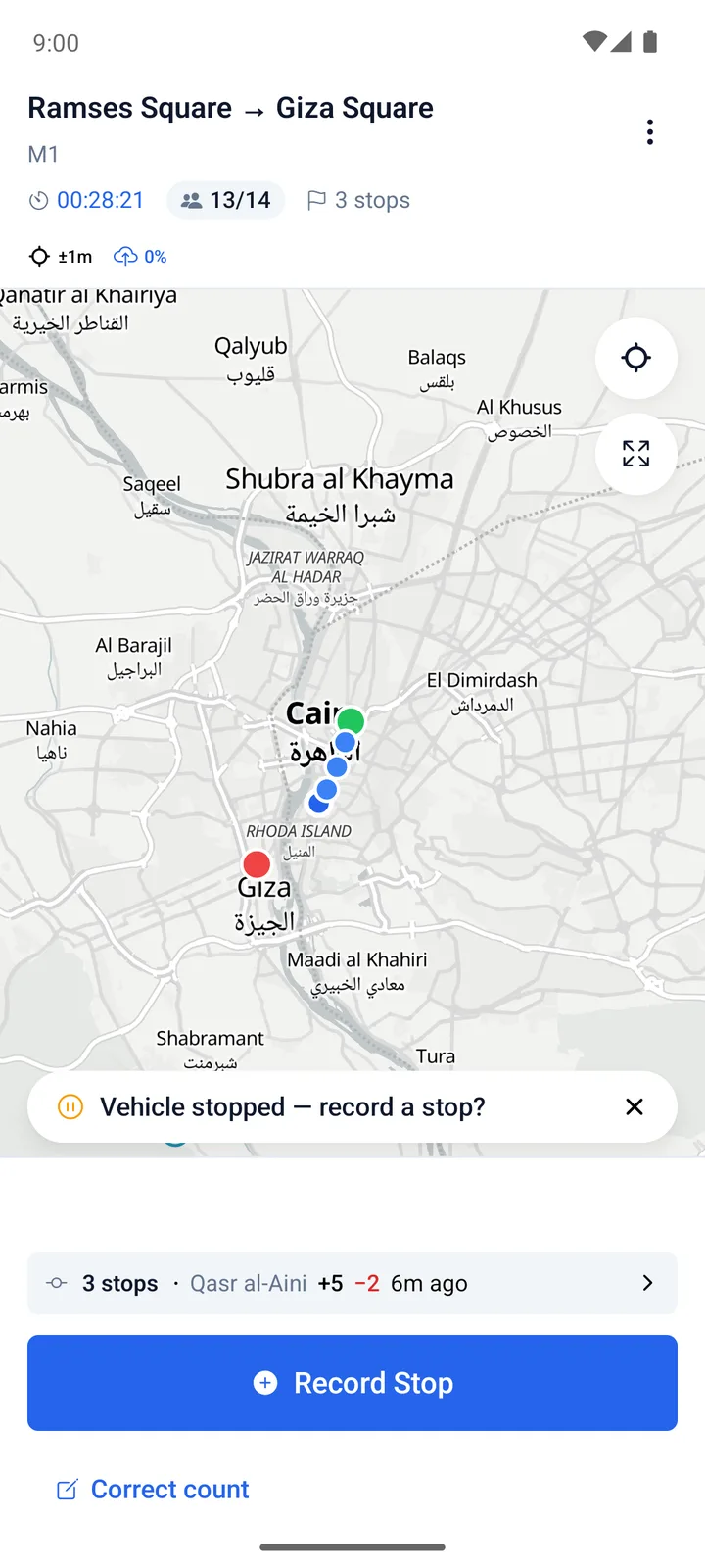 An onboard trip in progress in Observer, with its stops on the map and the running passenger tally