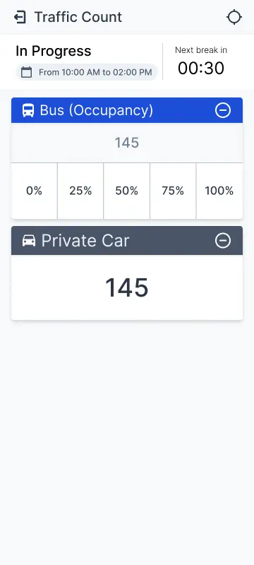 Observer's traffic count screen, tallying vehicles by type